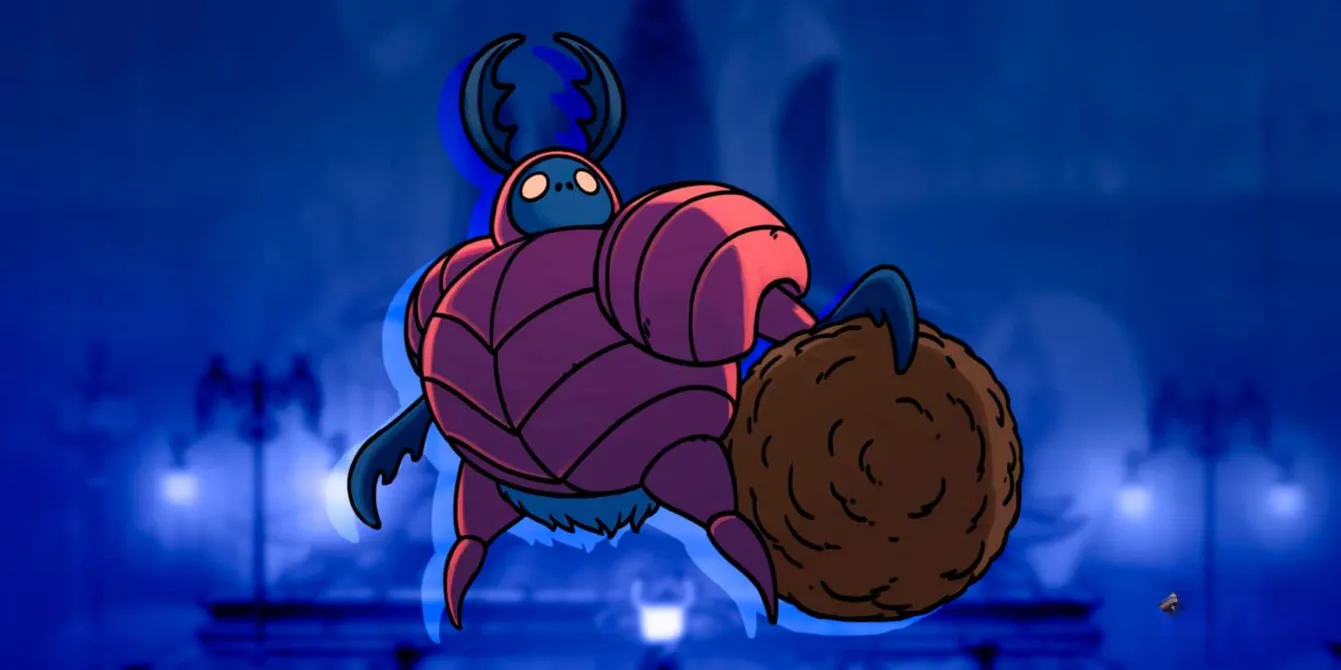 The laughing Dung Defender from Hollow Knight covered in muck and throwing dung balls