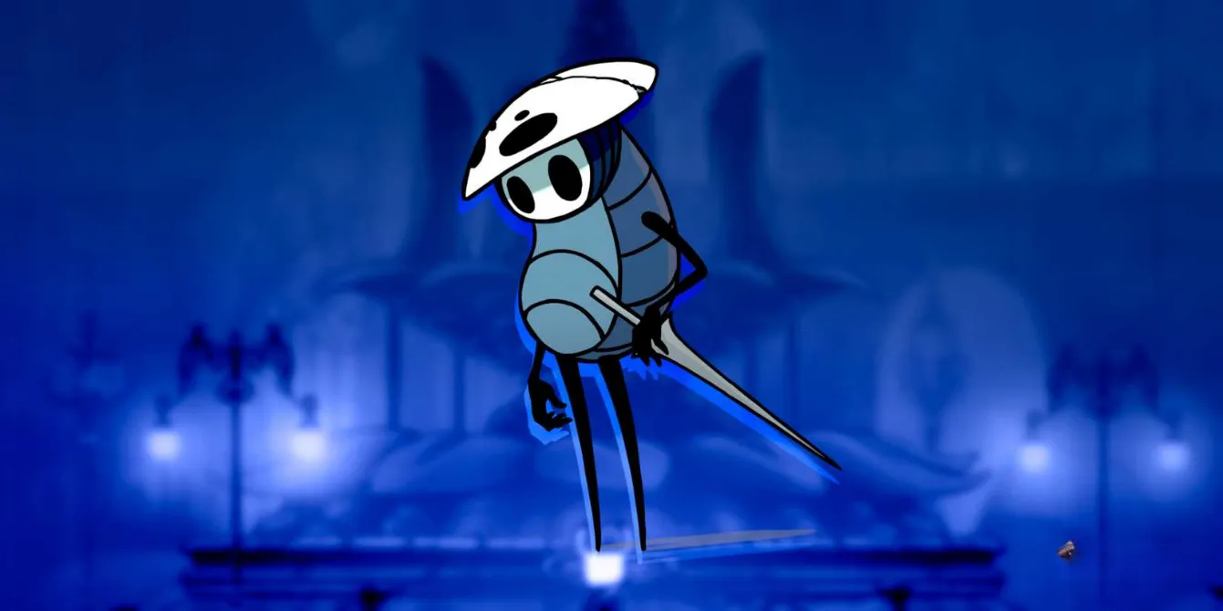 Quirrel wearing Monomon's mask and holding his nail in Hollow Knight