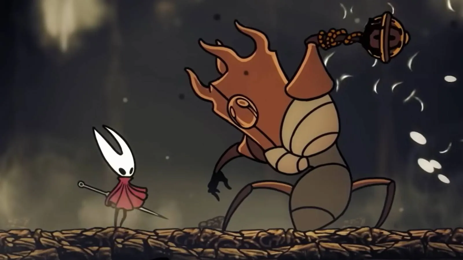 Hornet standing next to a large bug wielding a bell, symbolizing the intimidating scale of early bosses in Silksong.