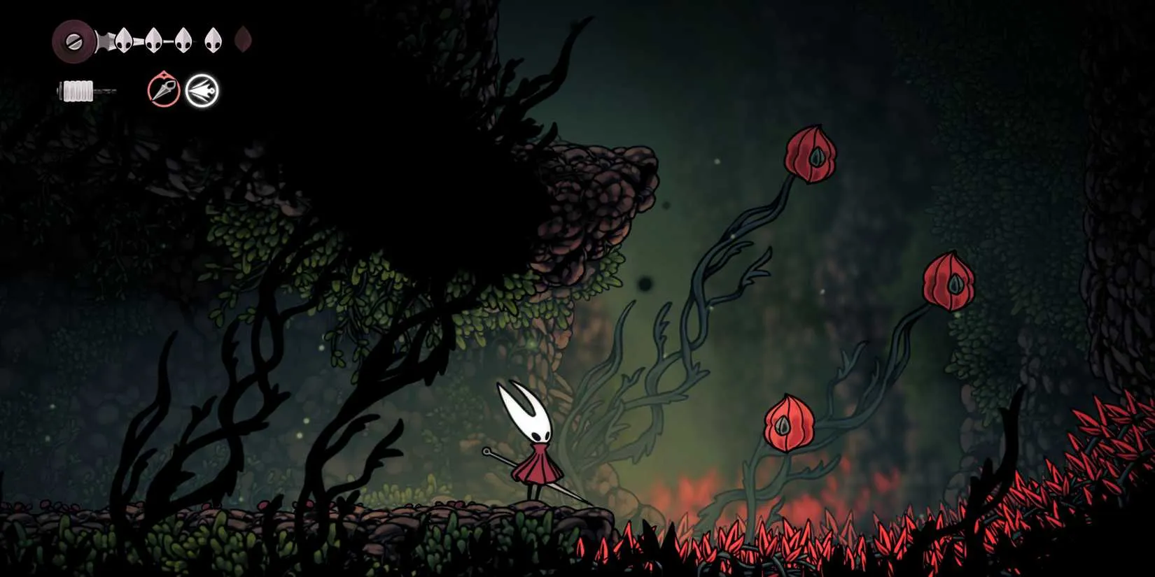 Hornet looking at a series of shriveled fruits in the Hunter's March area of Hollow Knight: Silksong
