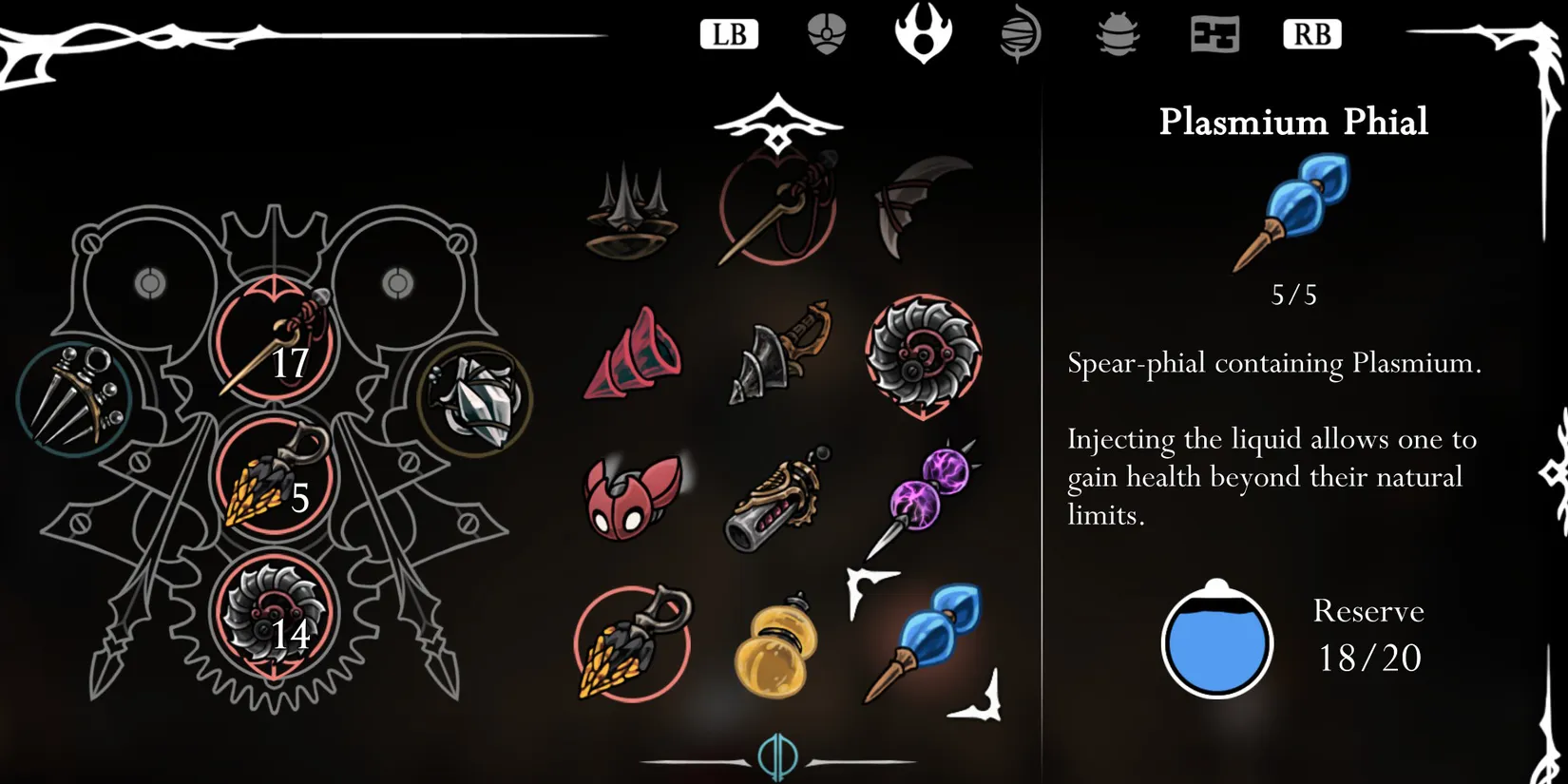 The Plasmium Phial interface displayed alongside Hornet's tools