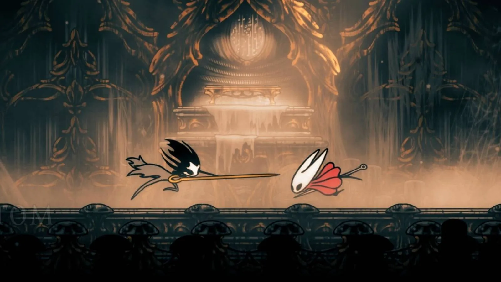 Hollow Knight: Silksong promotional art showing Hornet leaping forward with needle ready, the Pharloom backdrop glowing softly.