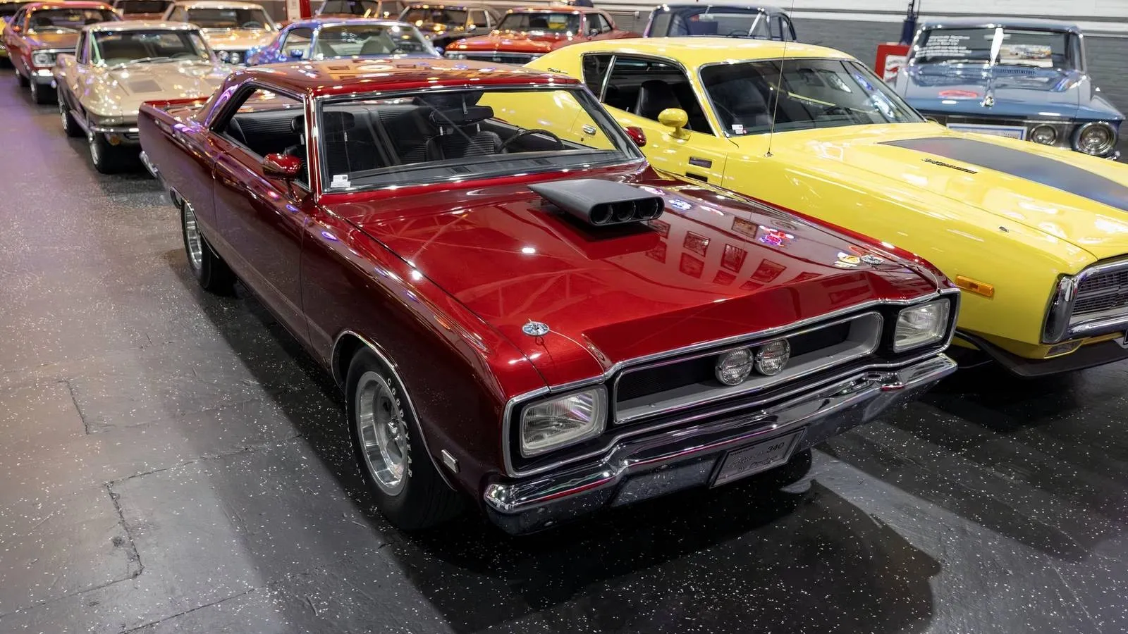 Maroon 1969 Dodge Dart Swinger 340 concept car on display