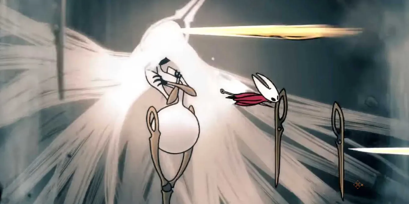 Hornet dueling the final boss Grandmother of Silk amid falling rocks