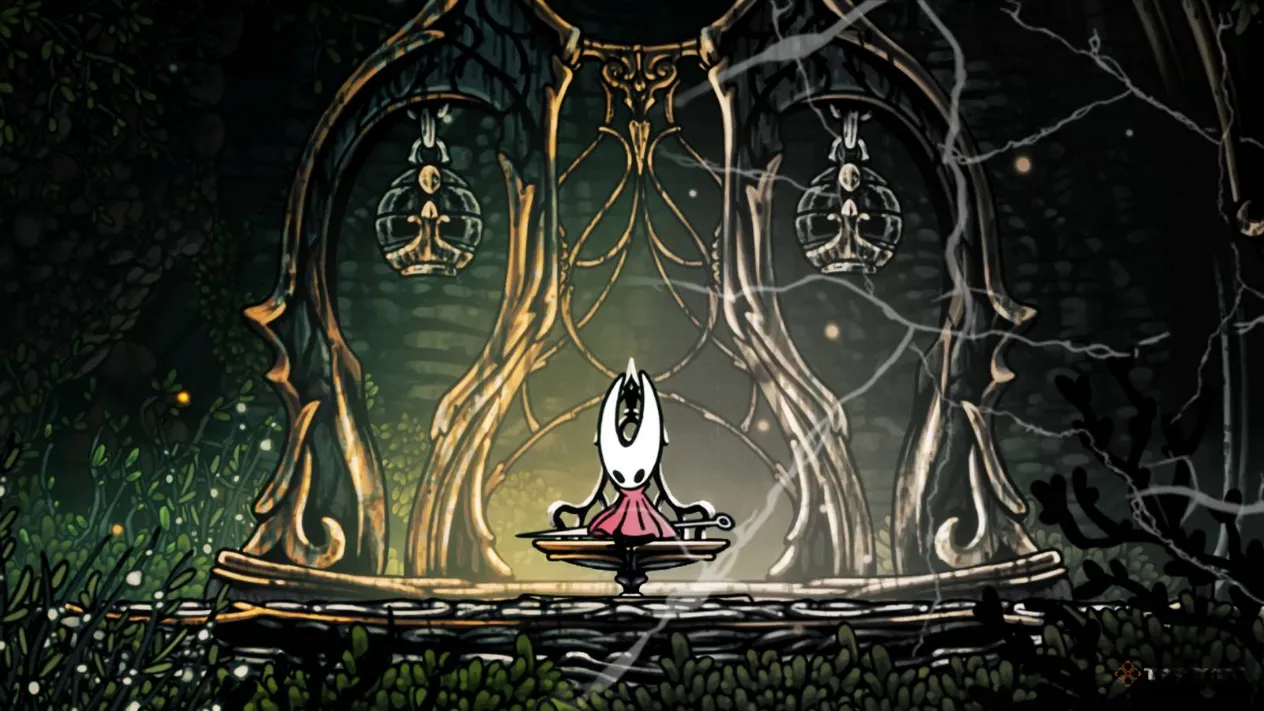 Hornet sits on a bench as Hollow Knight: Silksong's world fades and cracks around her