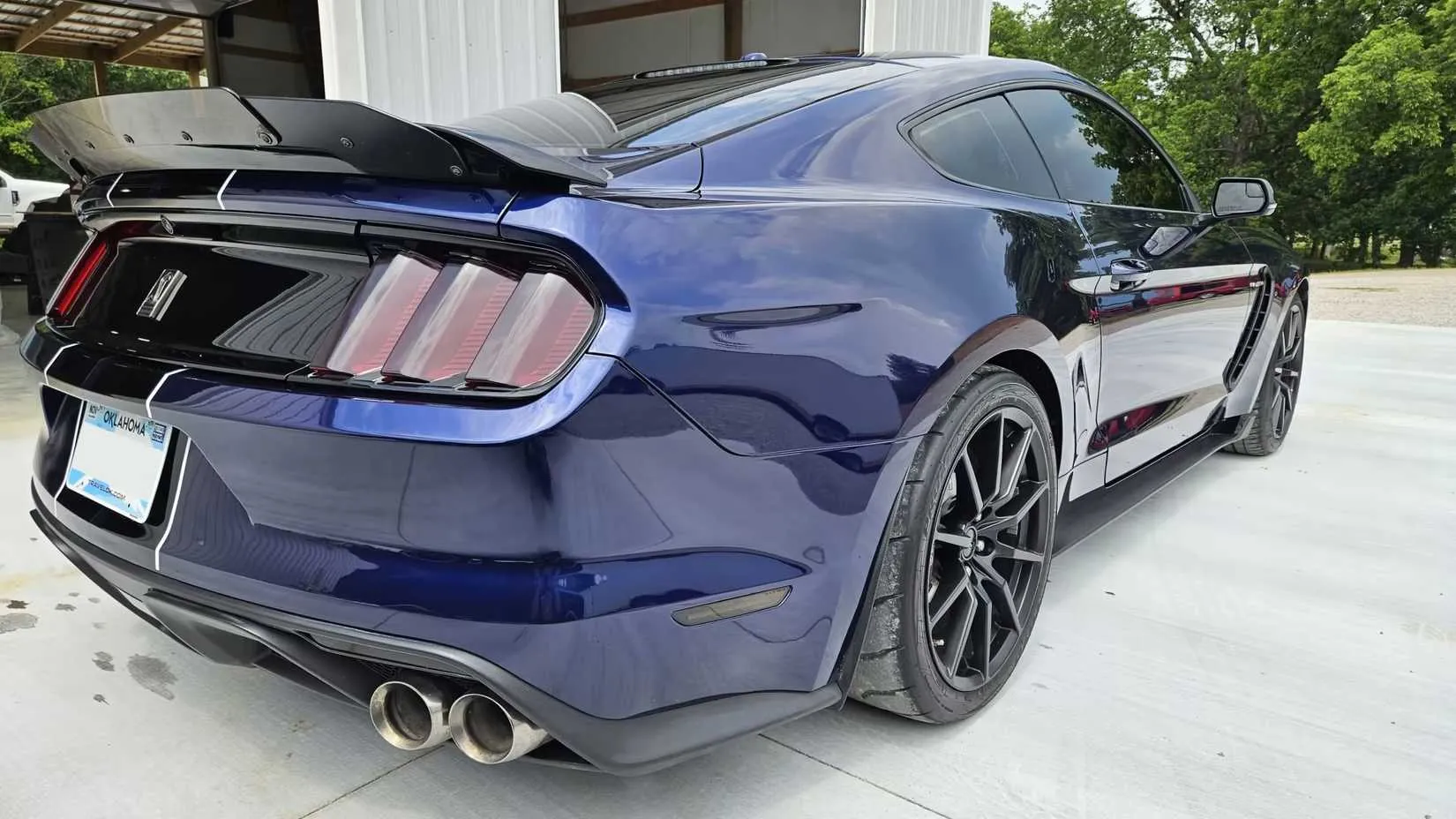 Blue Shelby GT350 rear on the road