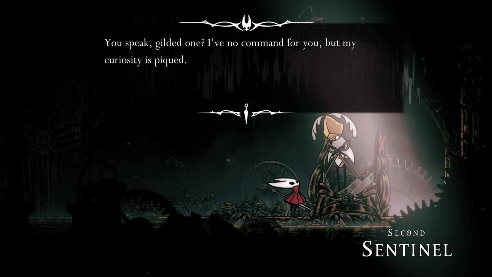 The Second Sentinel flying through the Cogwork Core after receiving the Cogwork Heart