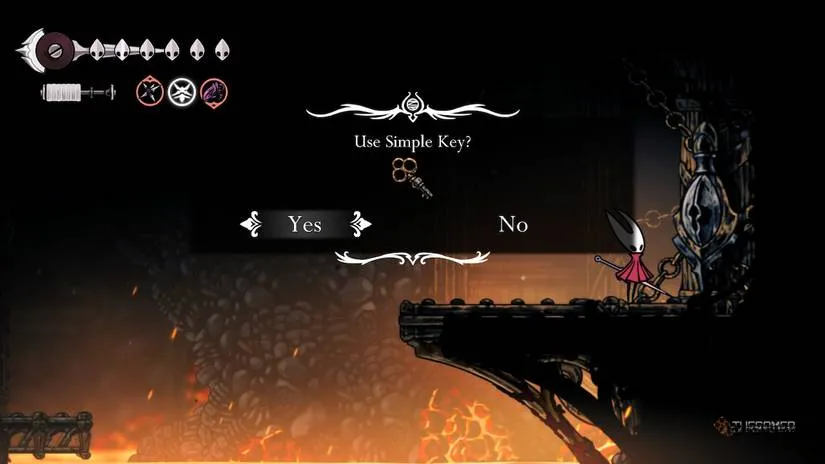 A burning corridor in the Deep Docks leading toward the Forebrothers' secret arena