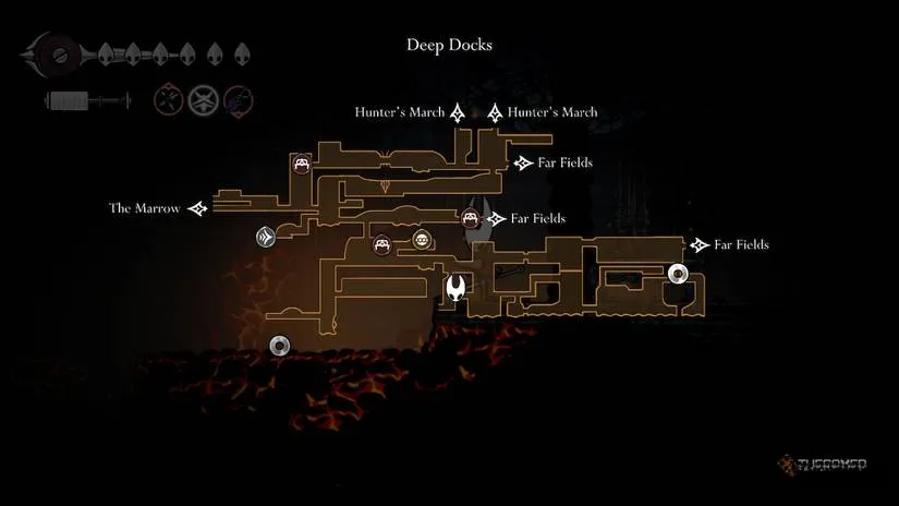 A shortcut door high above the cooling lava floor, ready to make the return trip less painful