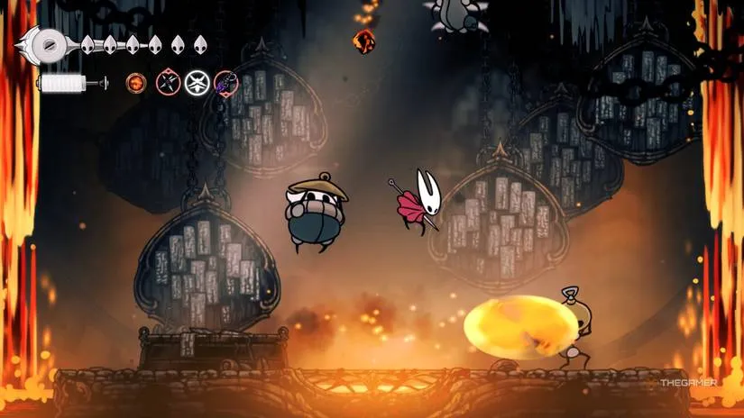 A battle arena flanked by bright lava falls that can punish reckless movement