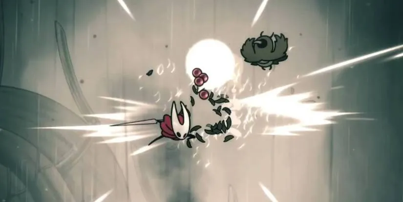 Hornet defeating Crawbug enemies to collect Ragpelt item