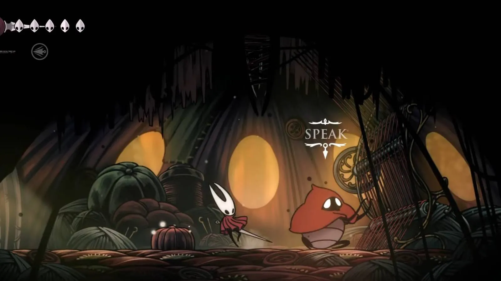 Hornet speaking with the Seamstress in her Far Fields hut