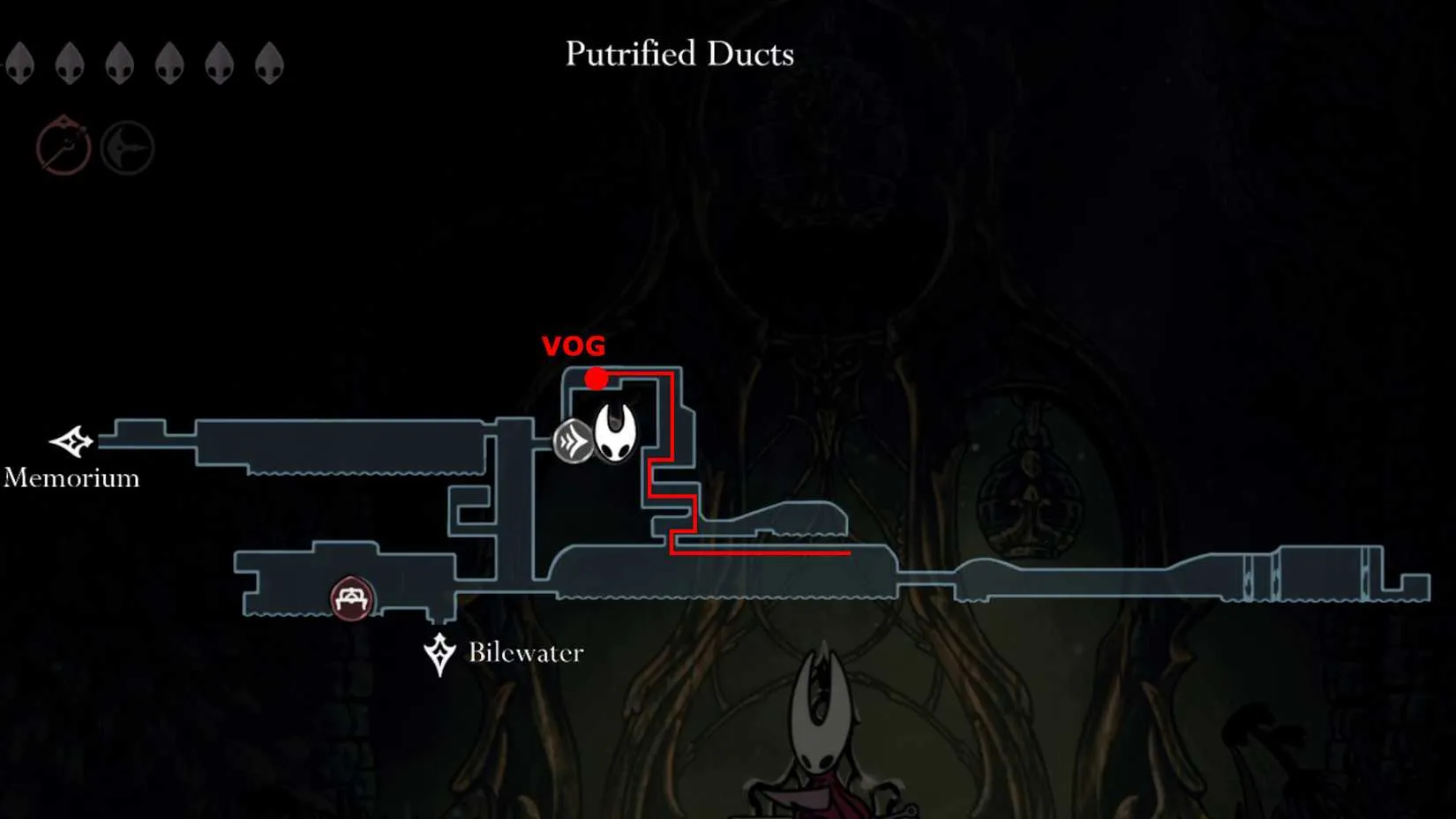 The route through the Putrified Ducts leading to Vog, showing a cracked wall section and elevated platforms