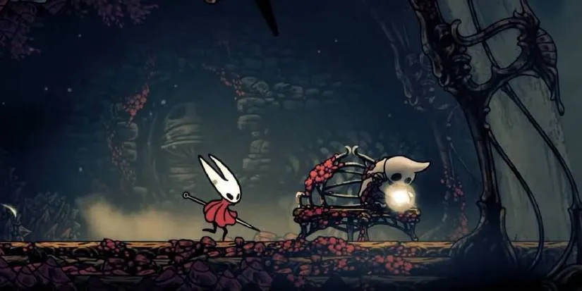 Hornet finding a bench in the Sands of Karok area with a treasure item in Hollow Knight Silksong