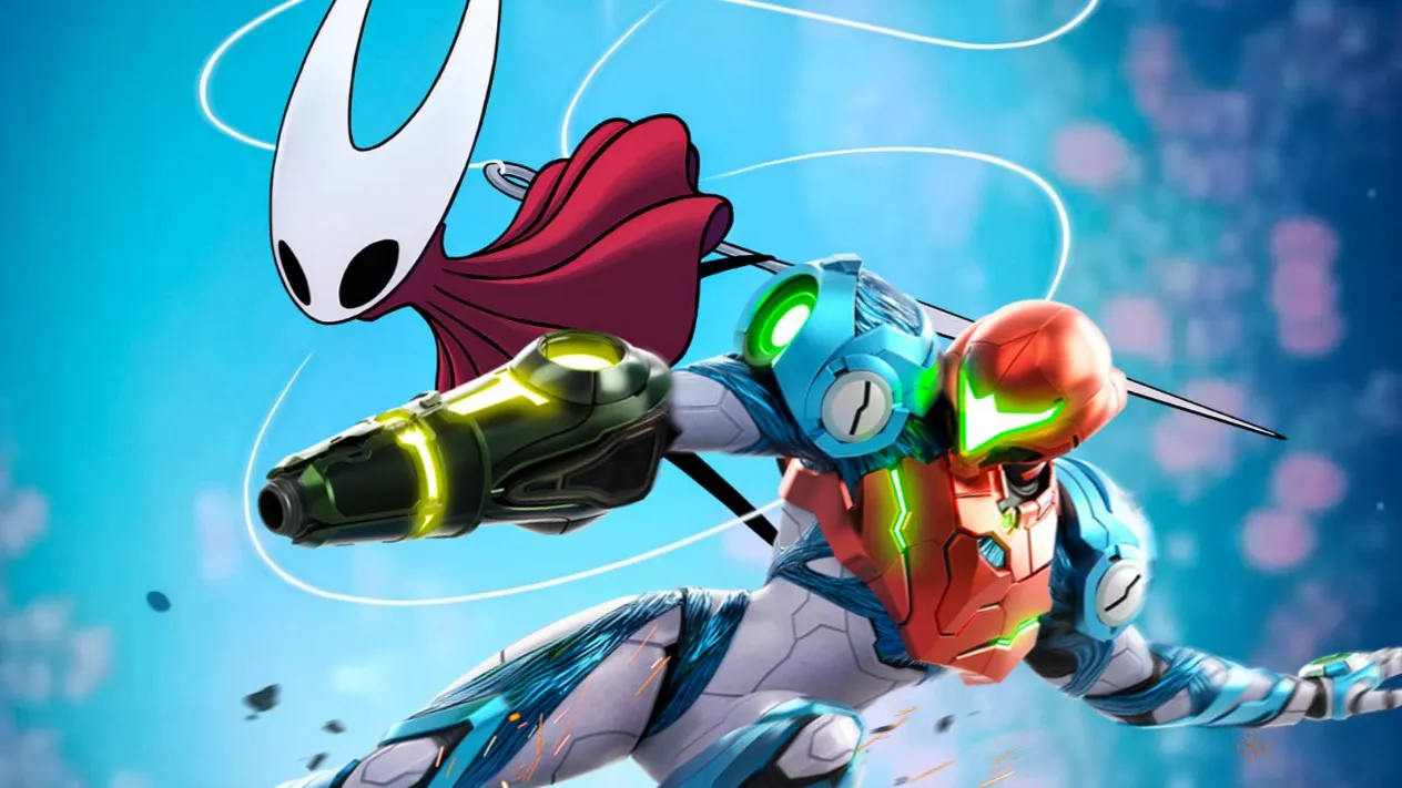 Hornet and Samus leaping into action in Hollow Knight Silksong and Metroid
