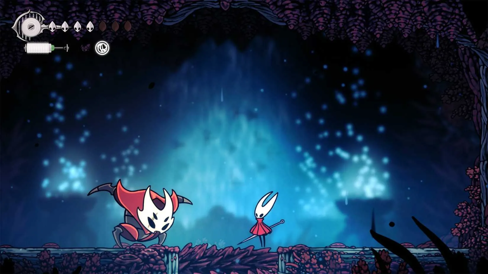 Hornet facing a boss in Coral Tower in Hollow Knight: Silksong