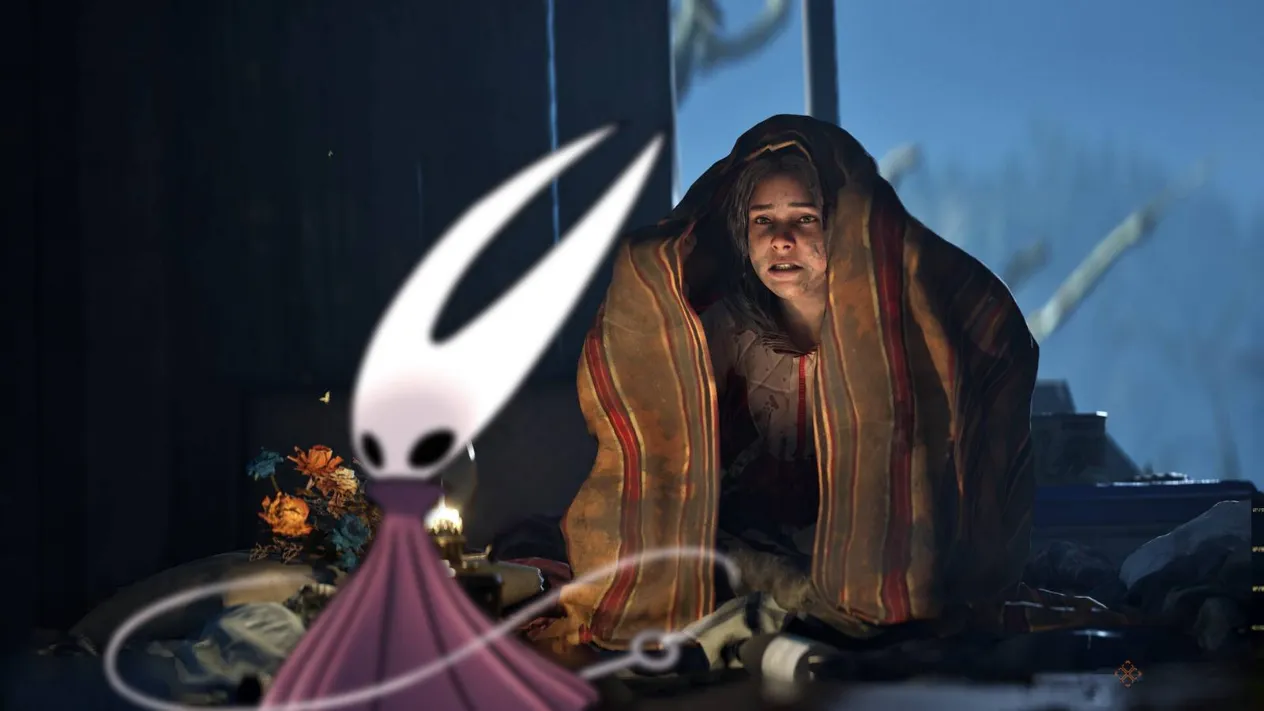 Hell Is Us character glancing nervously at Hornet from Hollow Knight: Silksong