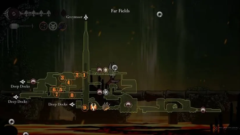 Collage of Hollow Knight Silksong Far Fields map route and quest items