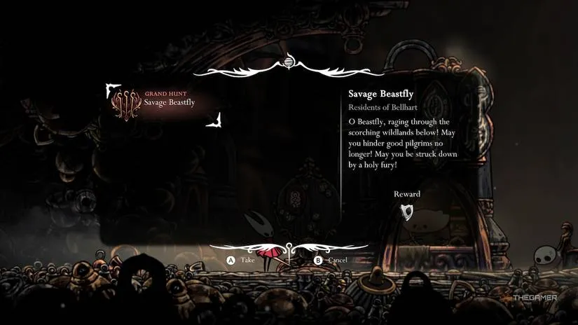 Hollow Knight Silksong Bellhart Wishboard showing Savage Beastfly Wish
