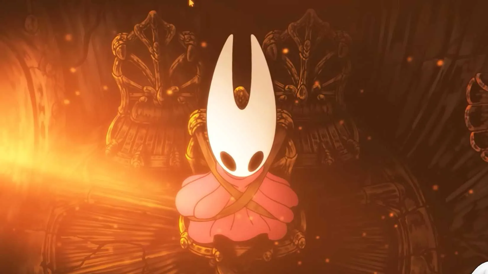 A top-down view of Hornet strapped to a chair during the cutscene