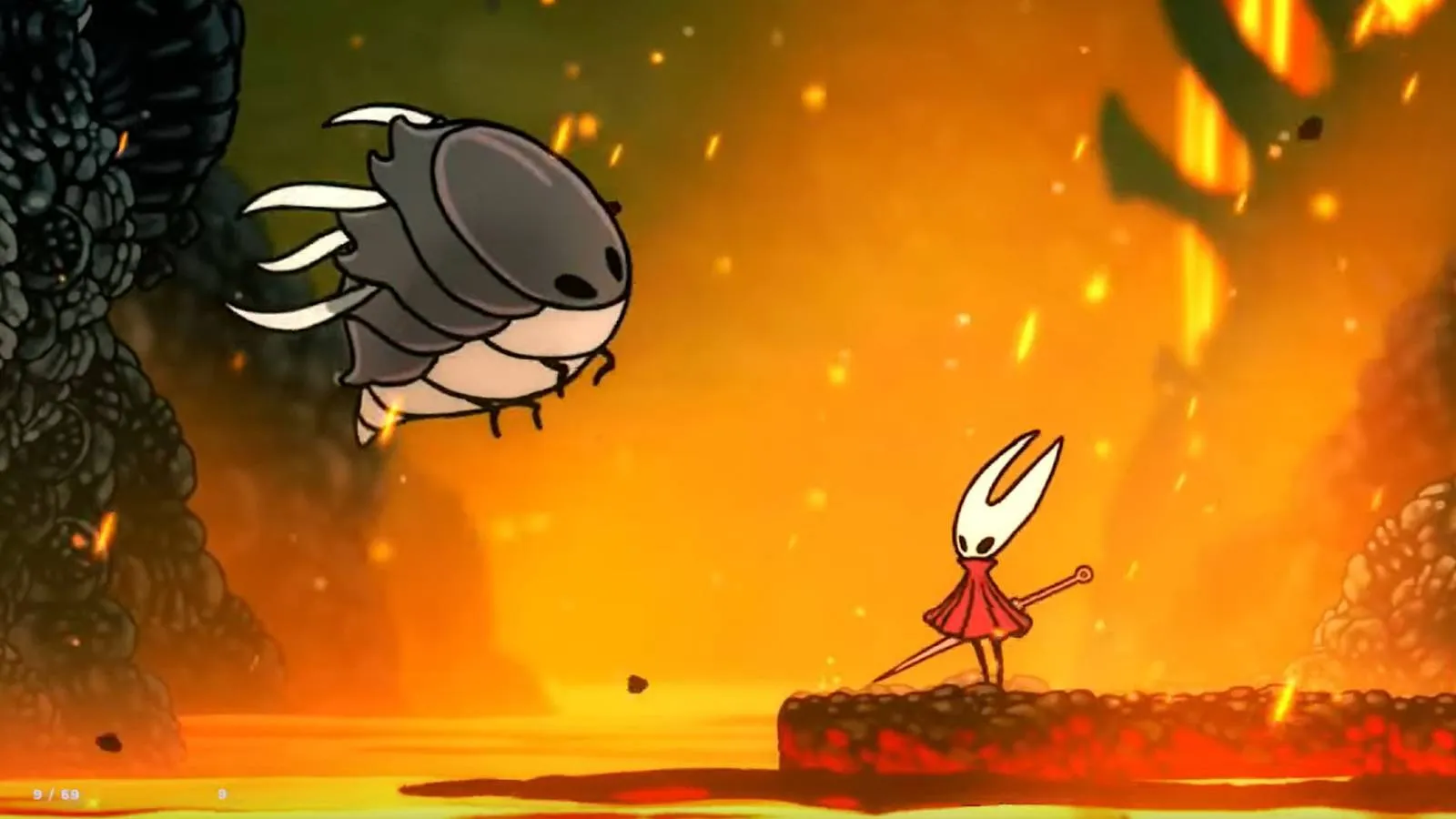Hornet staring down a large flying creature in a lava-filled cavern