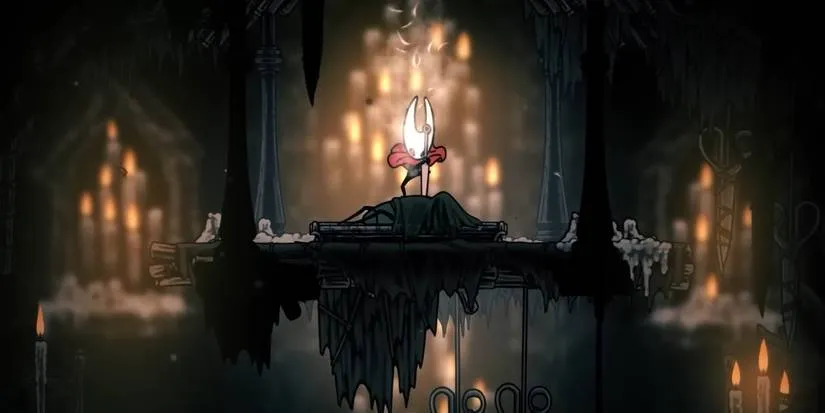 Hornet claiming the Reaper Crest at the Chapel of the Reaper in Hollow Knight: Silksong
