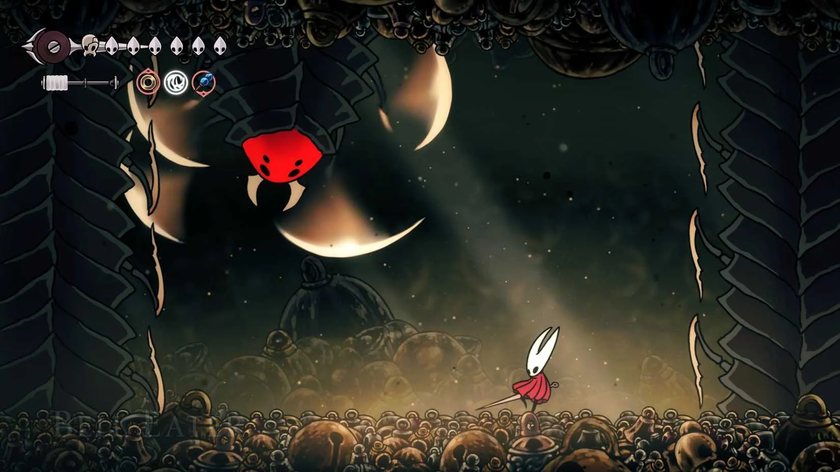 The Bell Eater hanging from the ceiling with scythe-like limbs in Hollow Knight: Silksong