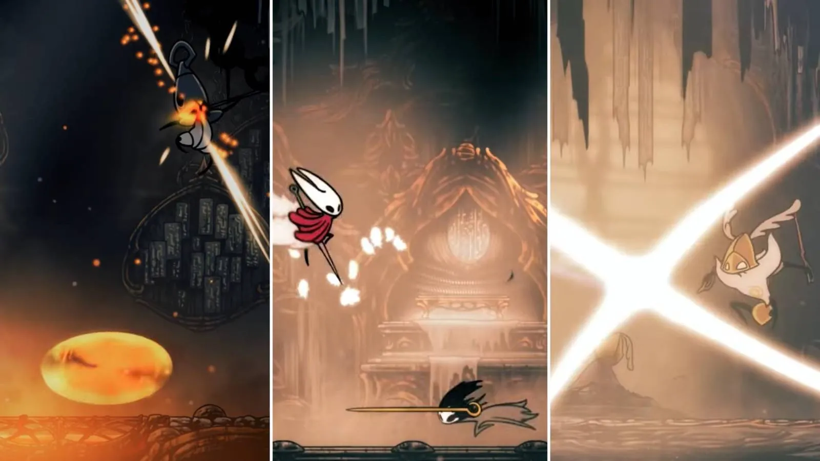 A cinematic shot of a boss battle from Hollow Knight: Silksong