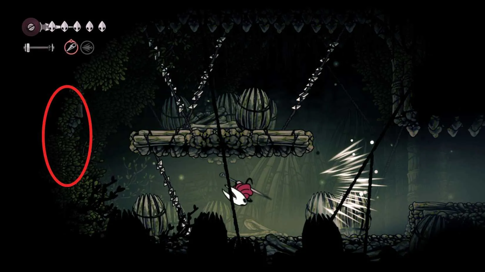 Secret entrance in Hunters March to secret vendor Mottled Skarr in Silksong