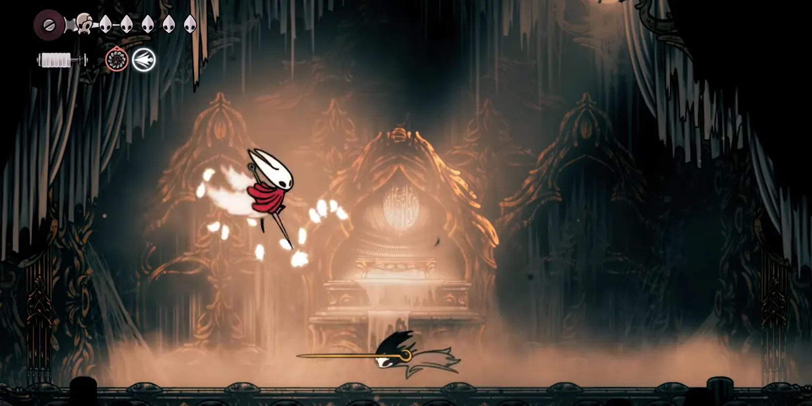 Phantom preparing to strike in The Mist in Hollow Knight Silksong