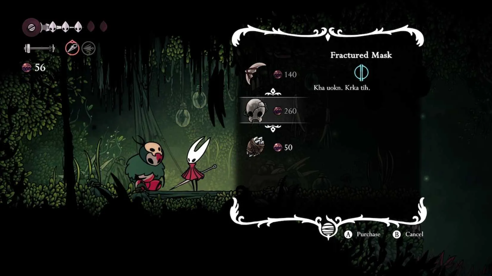 Fractured Mask being sold by Mottled Skarr in Hunters March in Silksong