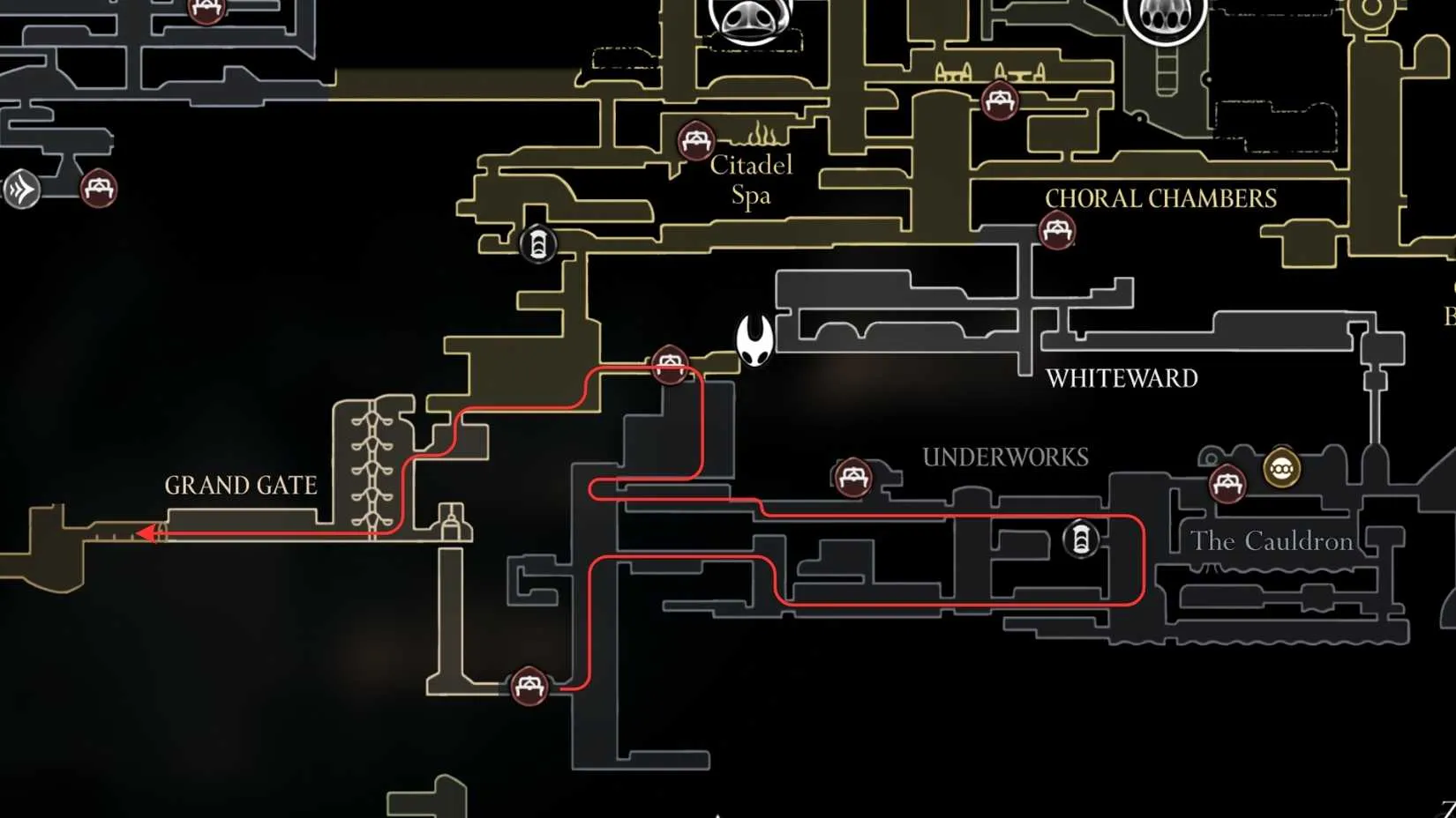 Hornet looking back at the path from the Underworks to Act 1 in Hollow Knight: Silksong