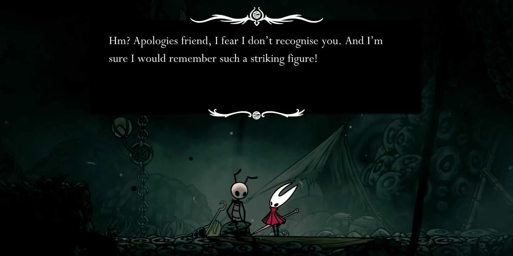 Hornet meeting Shrine Guardian Seth in Greymoor in Hollow Knight Silksong