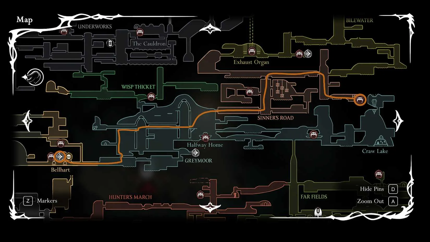 Map displaying the Queen&rsquo;s Egg delivery route from Bellhart through Greymoor to Sinner&rsquo;s Road in Hollow Knight: Silksong
