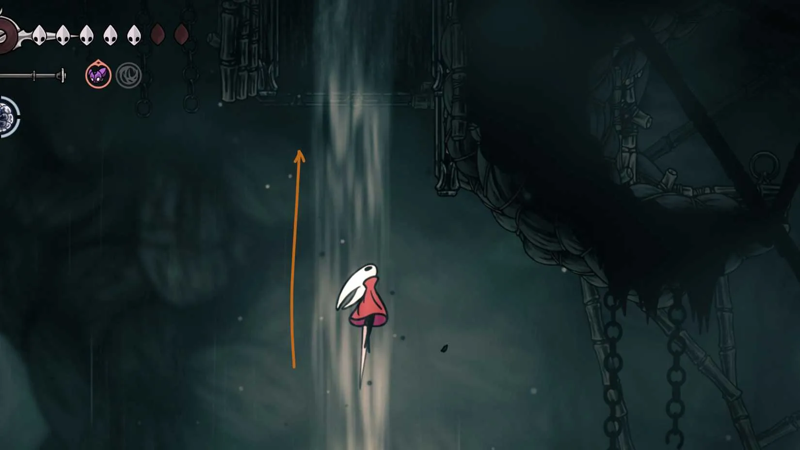 Hornet entering Greymoor and riding a wind current during the Queen&rsquo;s Egg delivery in Hollow Knight: Silksong