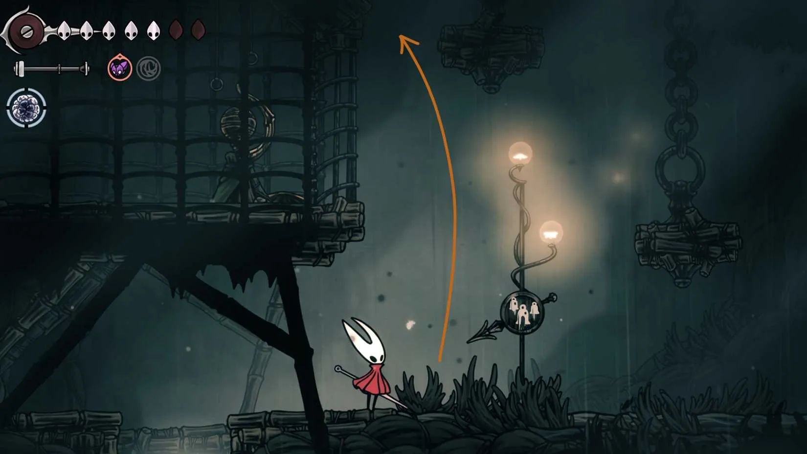 Hornet climbing through a prison chamber while carrying the Queen&rsquo;s Egg in Greymoor