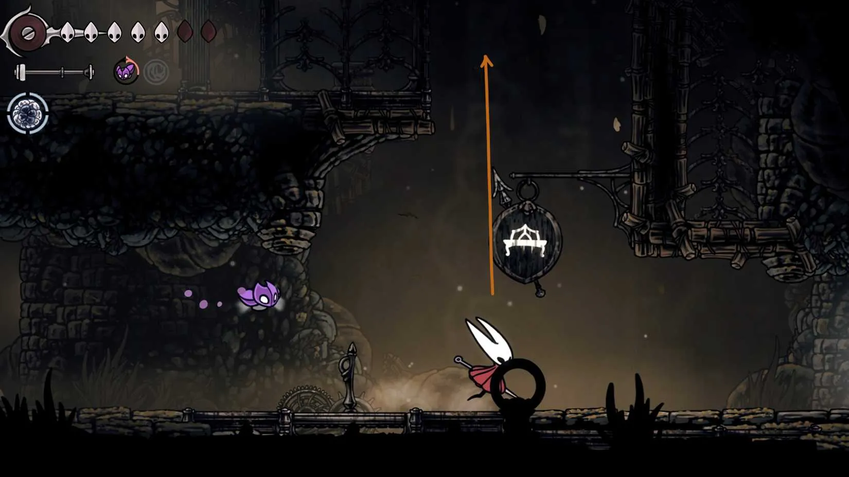 Hornet navigating the upper path through Sinner&rsquo;s Road while delivering the Queen&rsquo;s Egg in Hollow Knight: Silksong