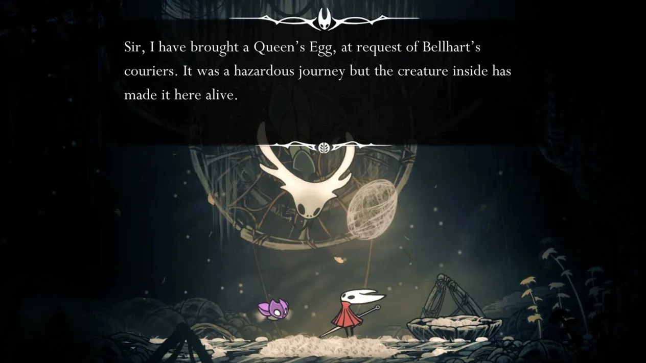 Hornet reaching Styx at the end of Sinner&rsquo;s Road to deliver the Queen&rsquo;s Egg in Hollow Knight: Silksong