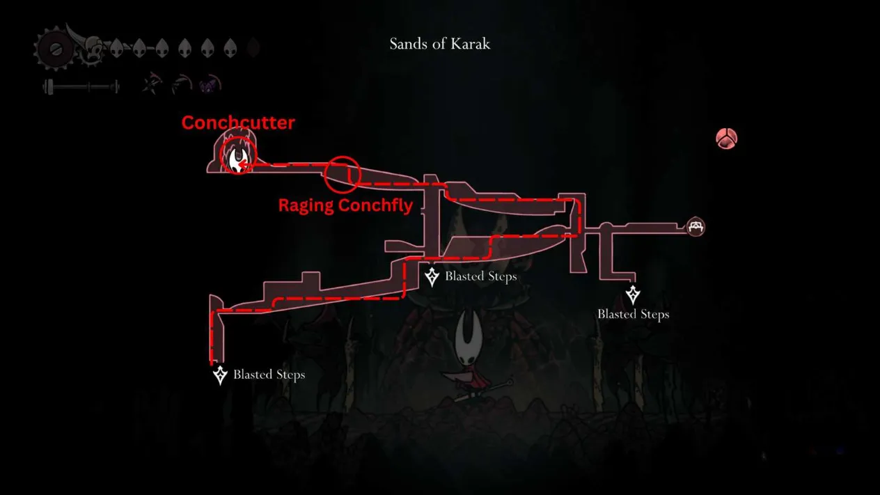 The Conchcutter area in the Sands of Karak with glowing coral structures in Hollow Knight Silksong