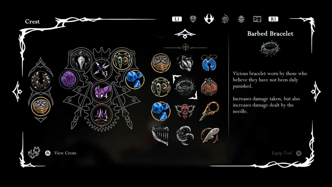 Barbed Bracelet tool information, location notes, and effect summary in Hollow Knight: Silksong