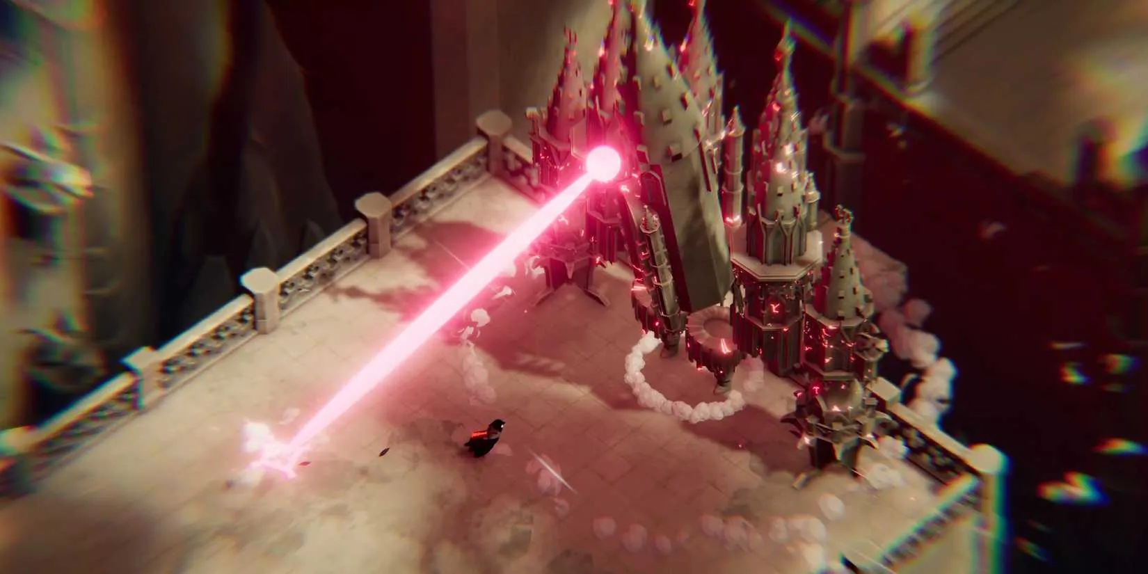 A crow character facing a laser-like attack in Death's Door