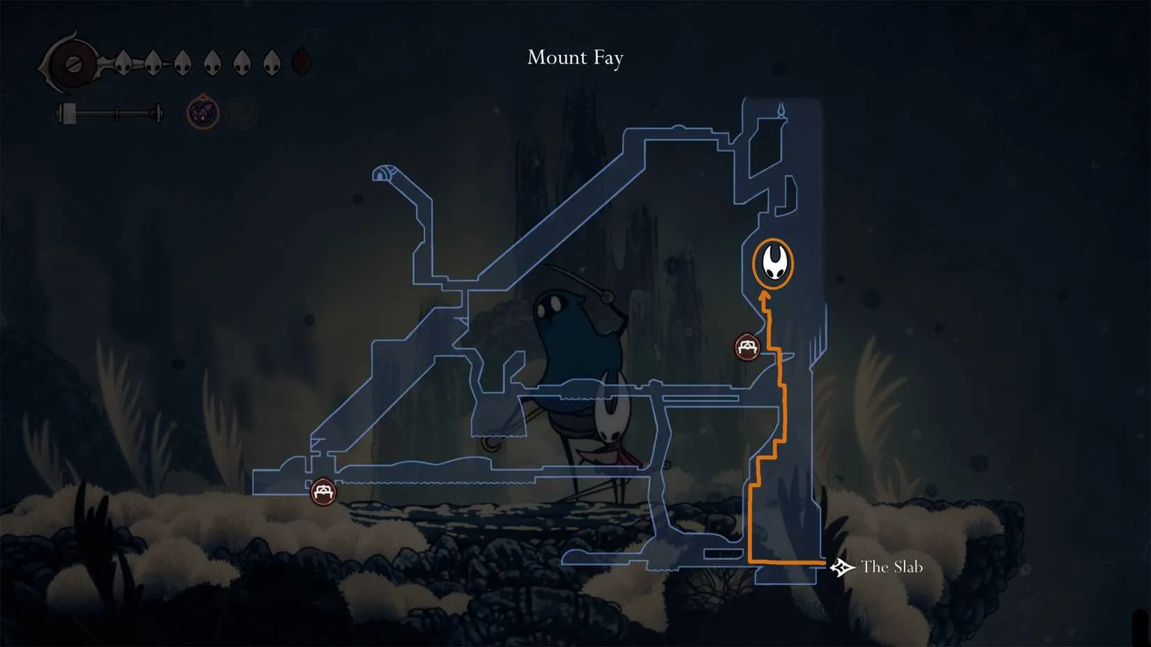 Pinstress location on a cliff in Mount Fay in Hollow Knight: Silksong