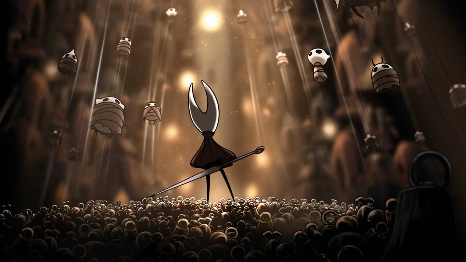 Hornet looks around at bugs strung up with silk in Hollow Knight: Silksong