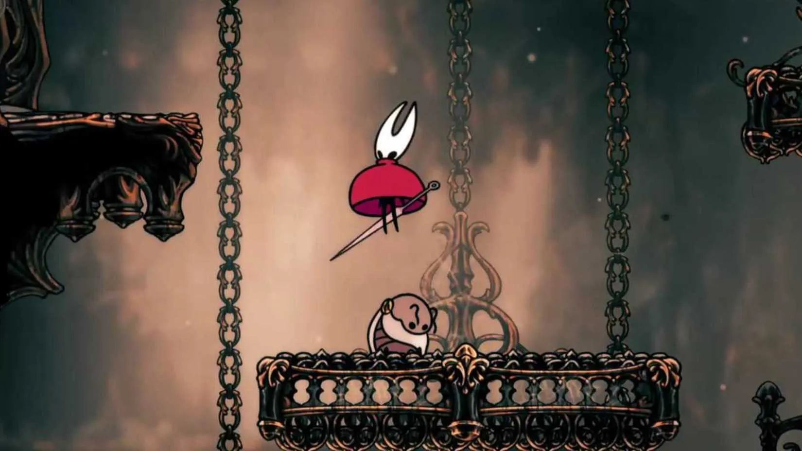 Hornet floats above a hunched-over bug in Hollow Knight: Silksong