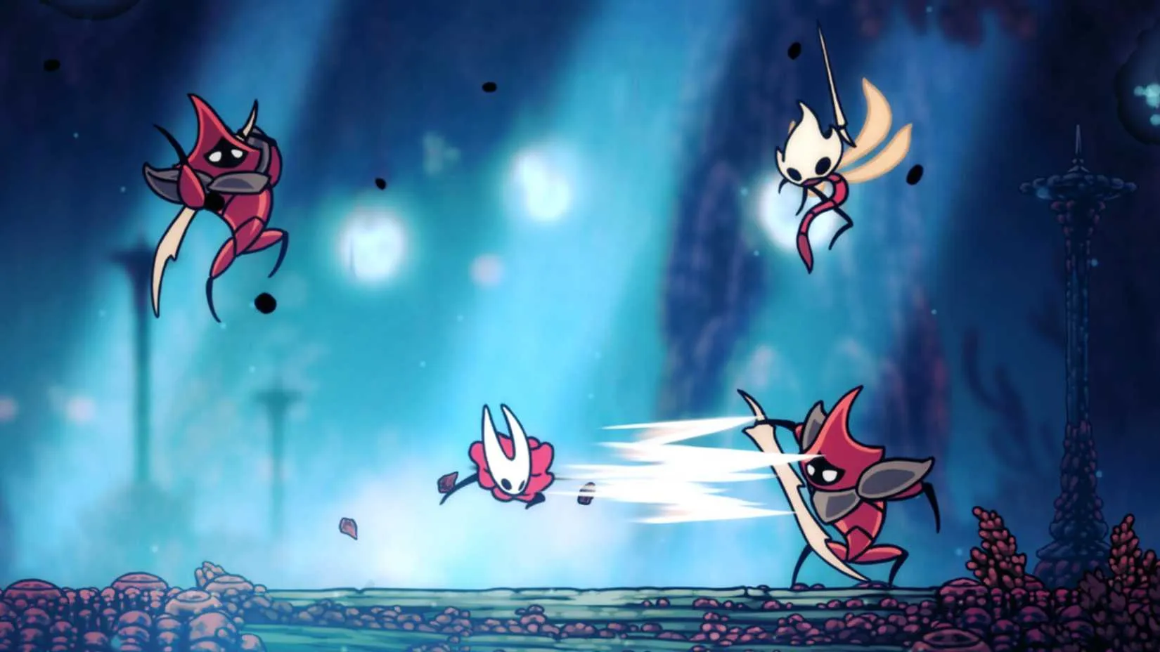 Hornet fights several ant-like bugs in a small room in Hollow Knight: Silksong