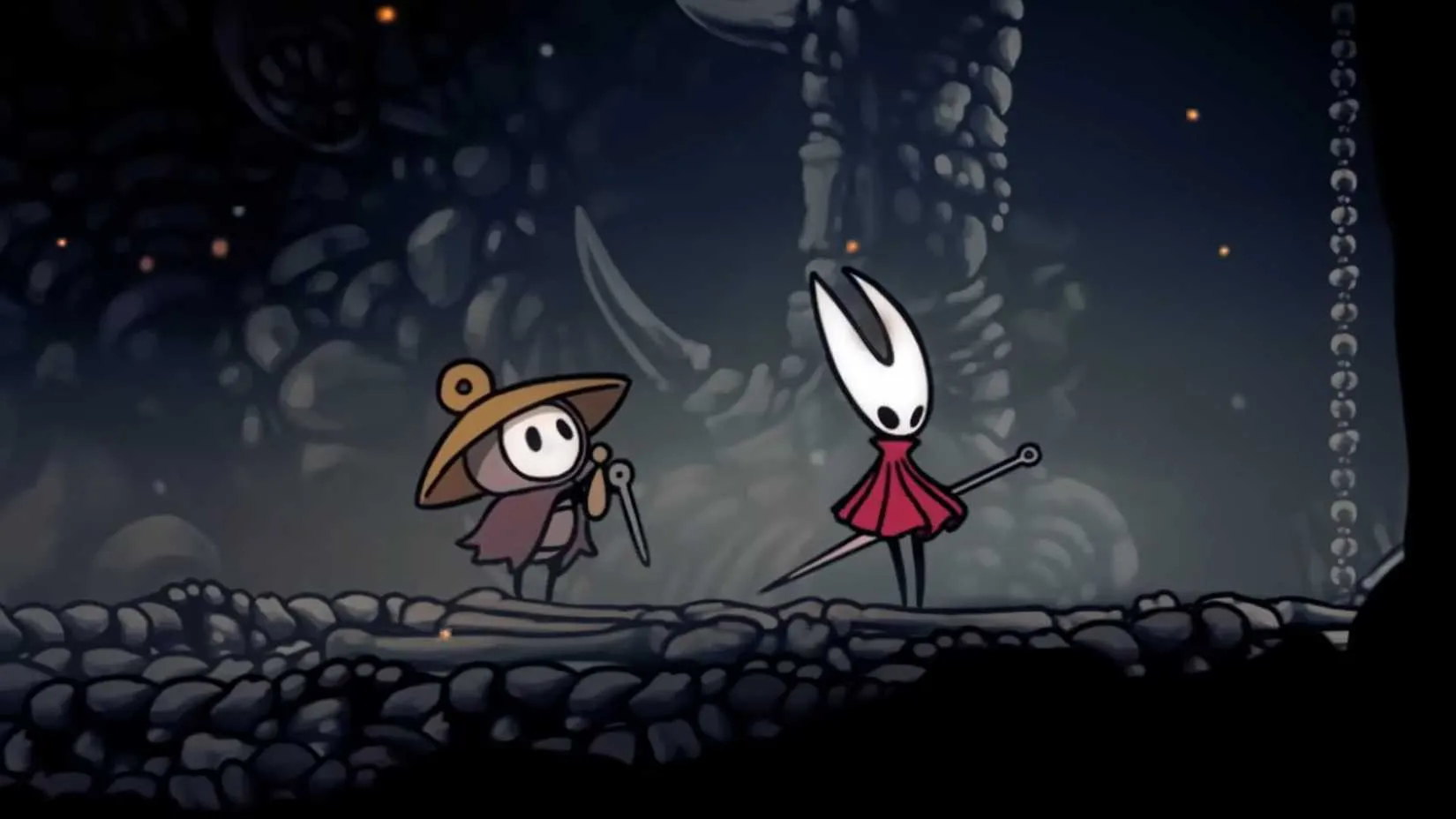 Hornet stands with a small bug banging a chime in Hollow Knight: Silksong