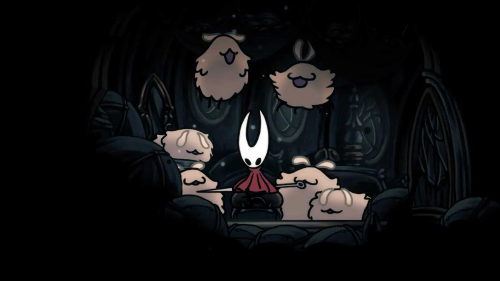 Hornet sits in a small room surrounded by small brown creatures in Hollow Knight: Silksong