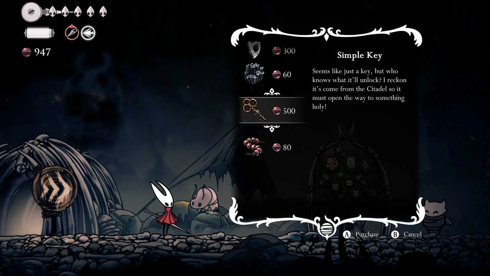 Buying a Simple Key from Pebb the Merchant in Hollow Knight: Silksong