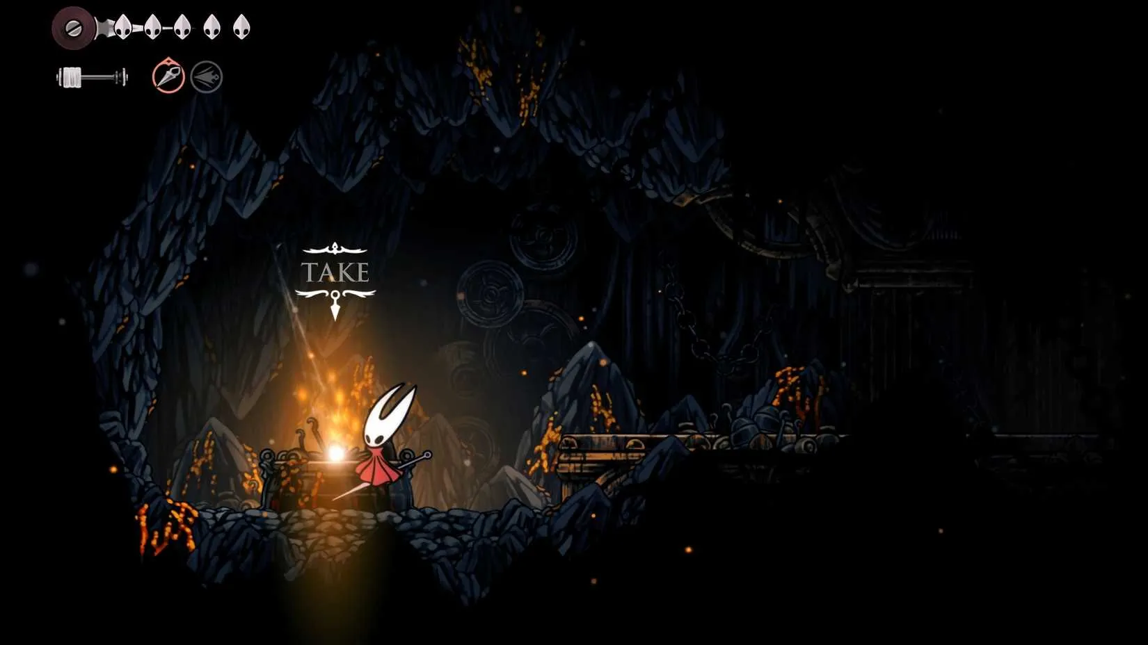Grabbing the Flintslate tool in Hollow Knight: Silksong