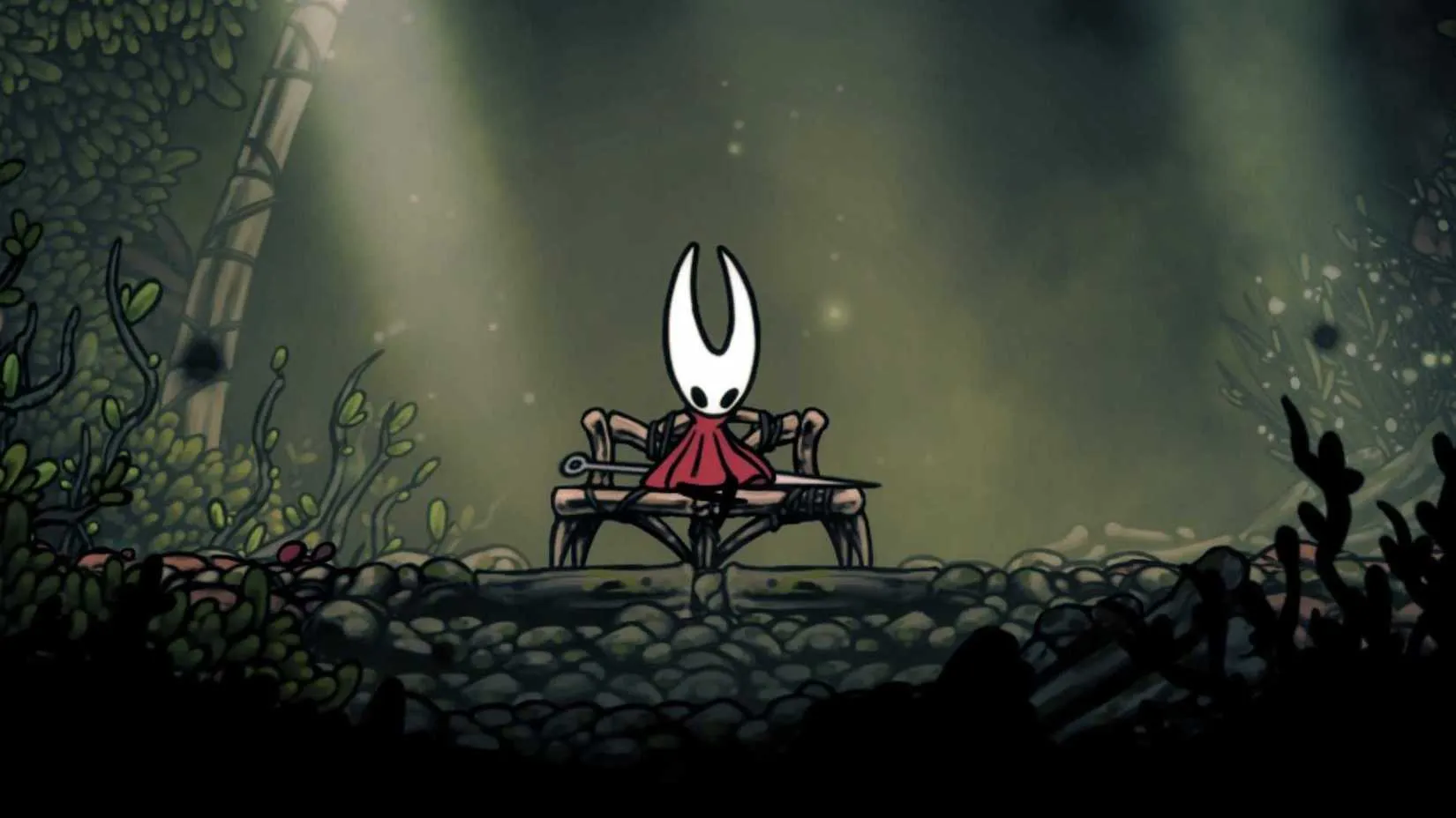 Hornet sitting on a bench in a foresty area in Hollow Knight: Silksong
